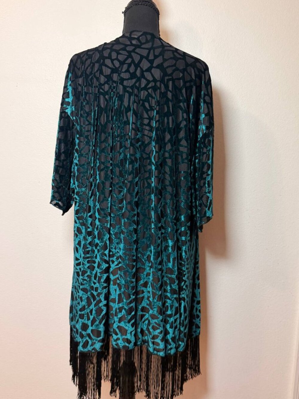 LulaRoe Teal Black Burnout Velvet Fringe Kimono Boho Festival Duster Large - Picture 6 of 9